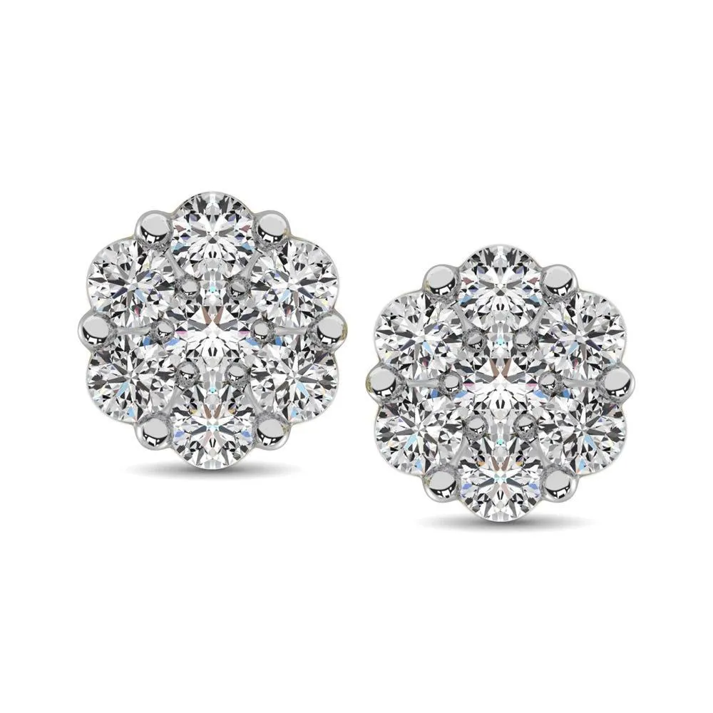 10K White Gold Diamond Flower Studs Earrings