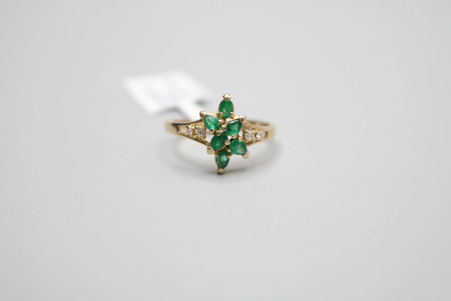 14-karat Fancy Estate Cluster Diamond Ring with Emeralds Size 6 of 1/4