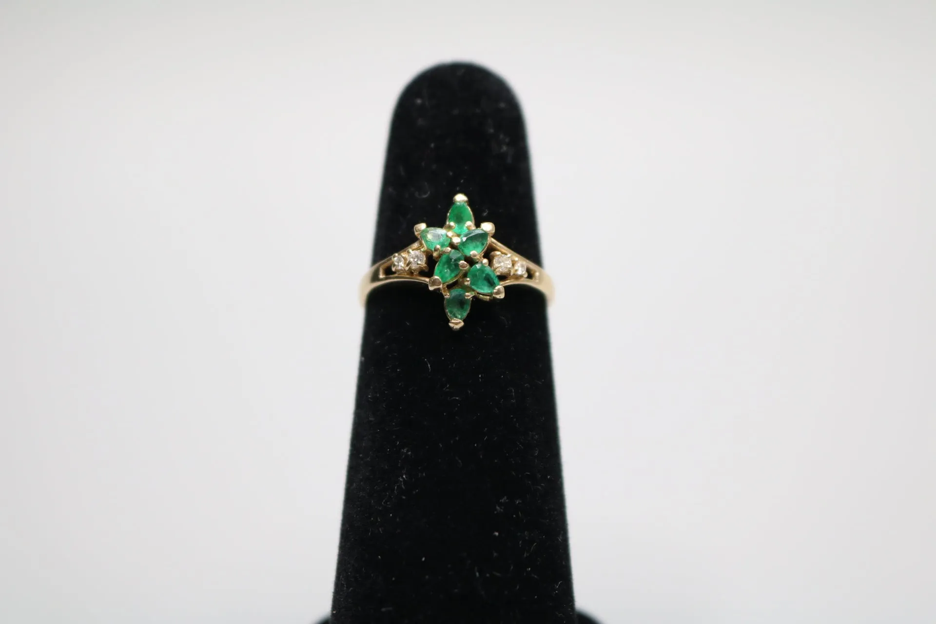 14-karat Fancy Estate Cluster Diamond Ring with Emeralds Size 6 of 1/4