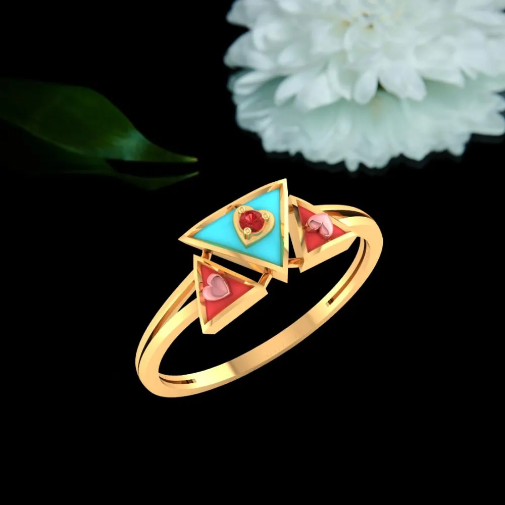 14k Gold Ring With A Triad Of Triangular Geometric Patterns On Top