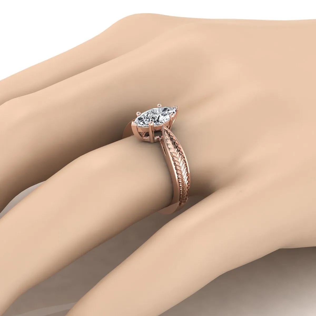 14K Rose Gold Marquise  Vintage Inspired Leaf Pattern Pinched Solitaire Engagement Ring