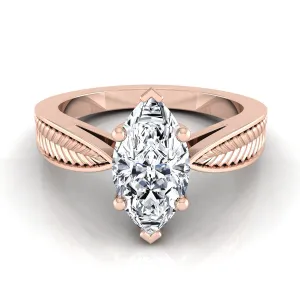 14K Rose Gold Marquise  Vintage Inspired Leaf Pattern Pinched Solitaire Engagement Ring