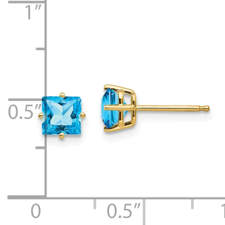 14k Yellow Gold 5MM Princess Cut Blue Topaz Earrin