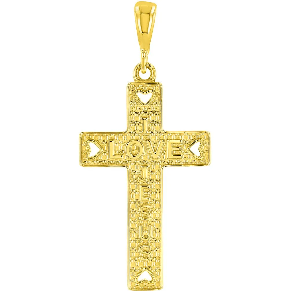 14K Yellow Gold I Love Jesus Cross Charm Pendant