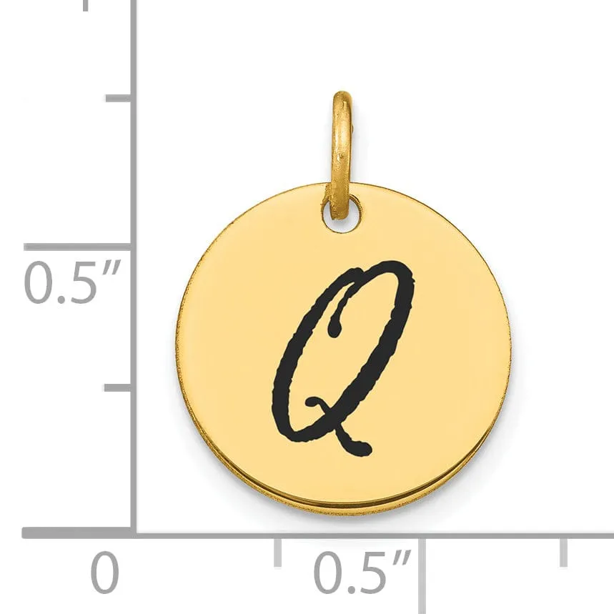 14k Yellow Gold Polished Black Epoxy Finish Letter Q Initial Disk Shape Charm Pendant