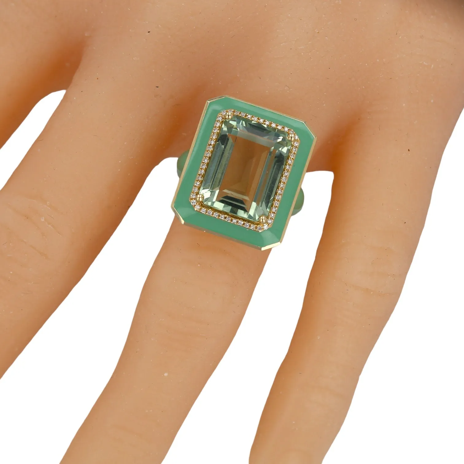 14K Yellow gold square halo diamonds and green amethyst ring