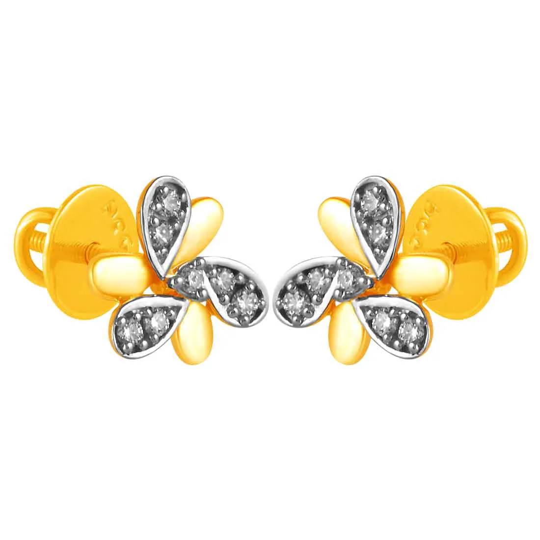 14KT (585) Yellow Gold & Diamond Curved Petal Detailing Stud Earrings