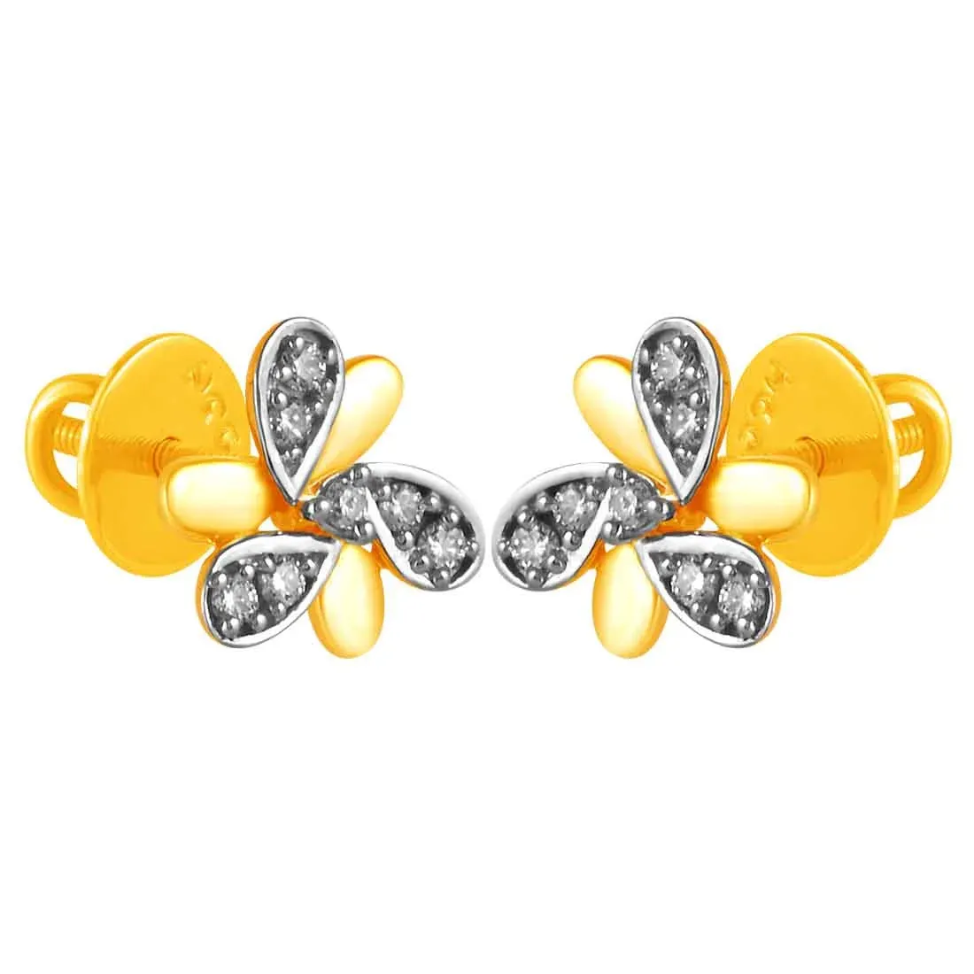 14KT (585) Yellow Gold & Diamond Curved Petal Detailing Stud Earrings