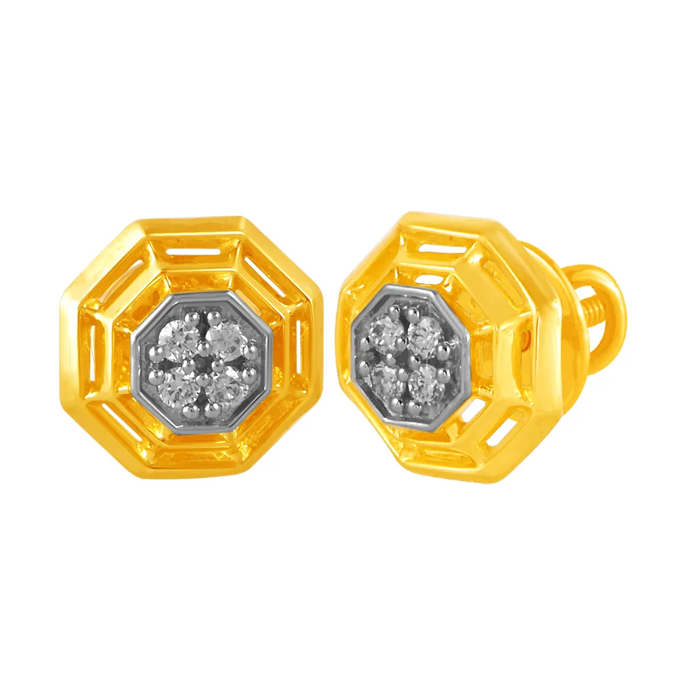 14KT (585) Yellow Gold & Diamond Octagon Shaped Stud Earrings