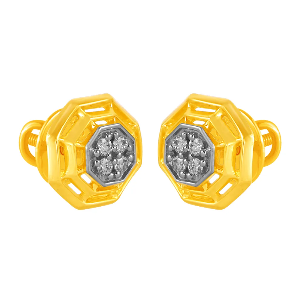 14KT (585) Yellow Gold & Diamond Octagon Shaped Stud Earrings