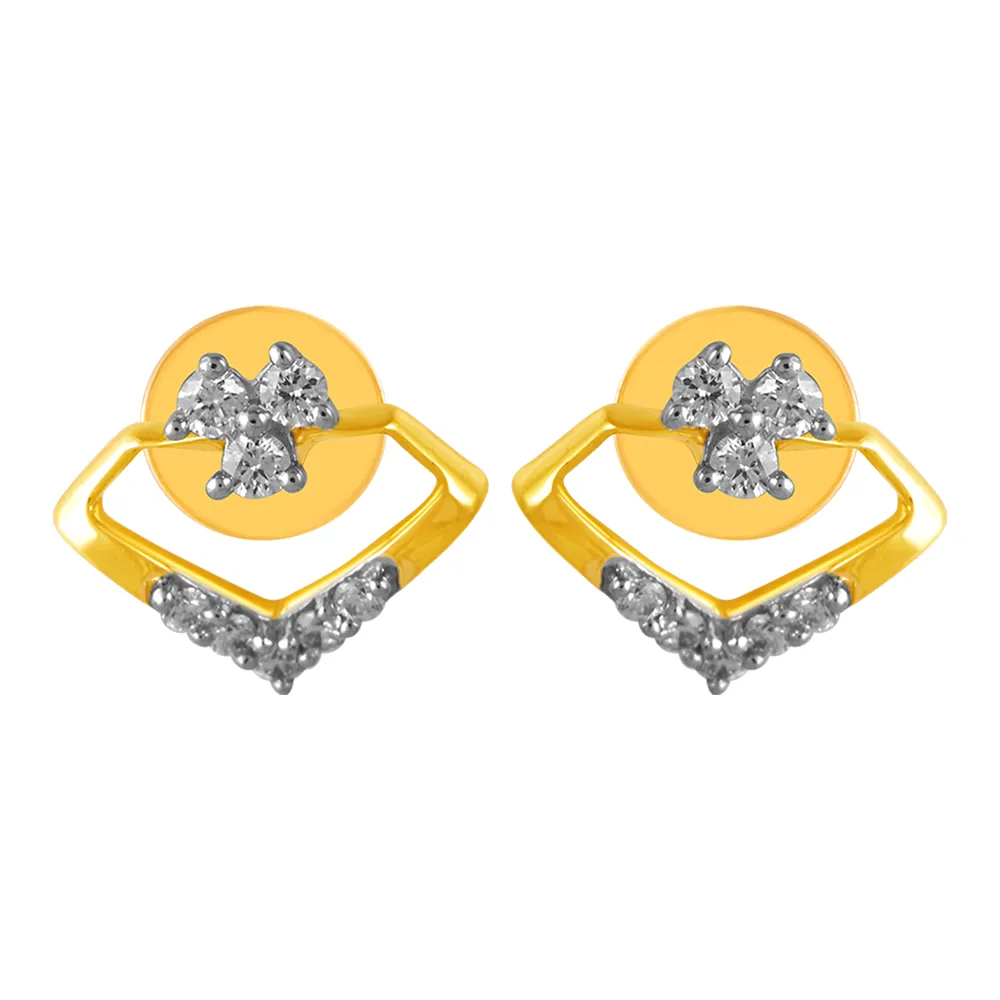 14KT (585) Yellow Gold & Diamond Unique Shaped Stud Earrings