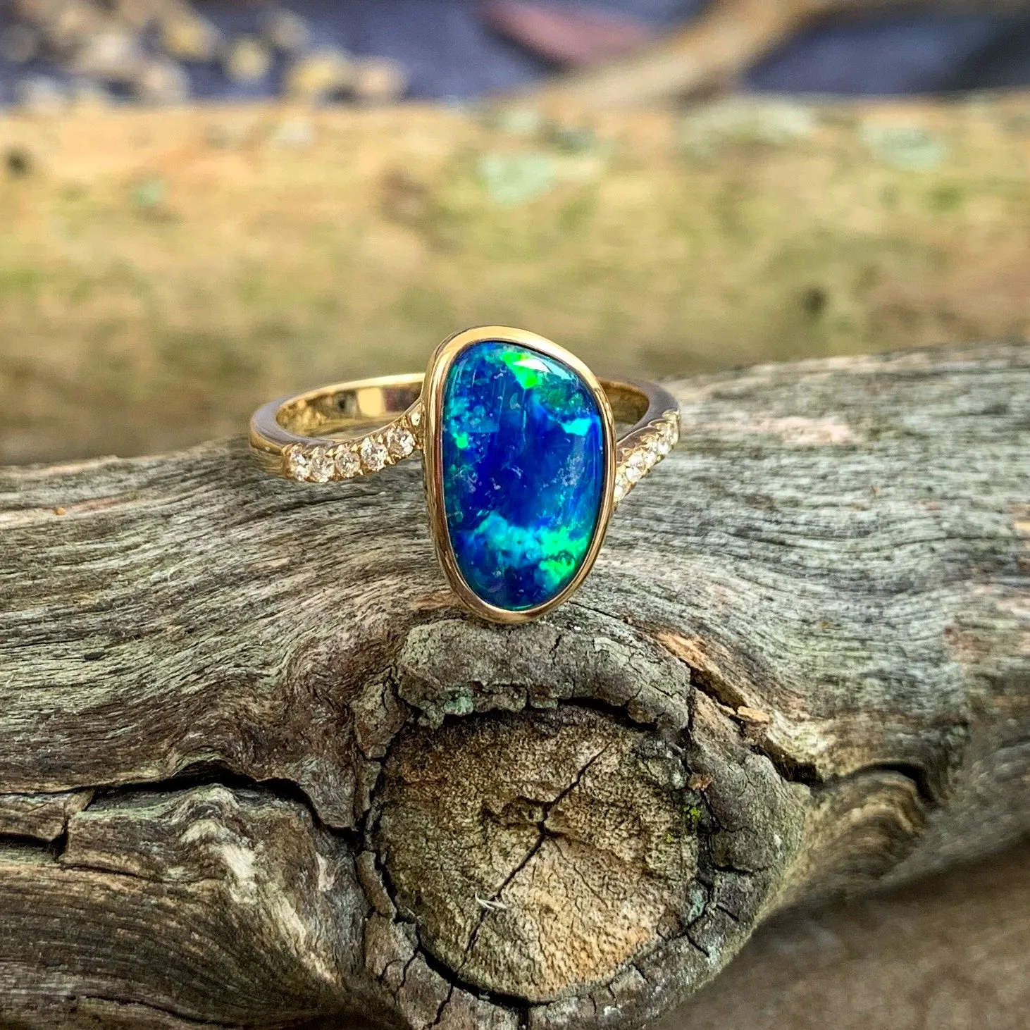 14kt Yellow Gold Opal Blue Green doublet and diamond ring