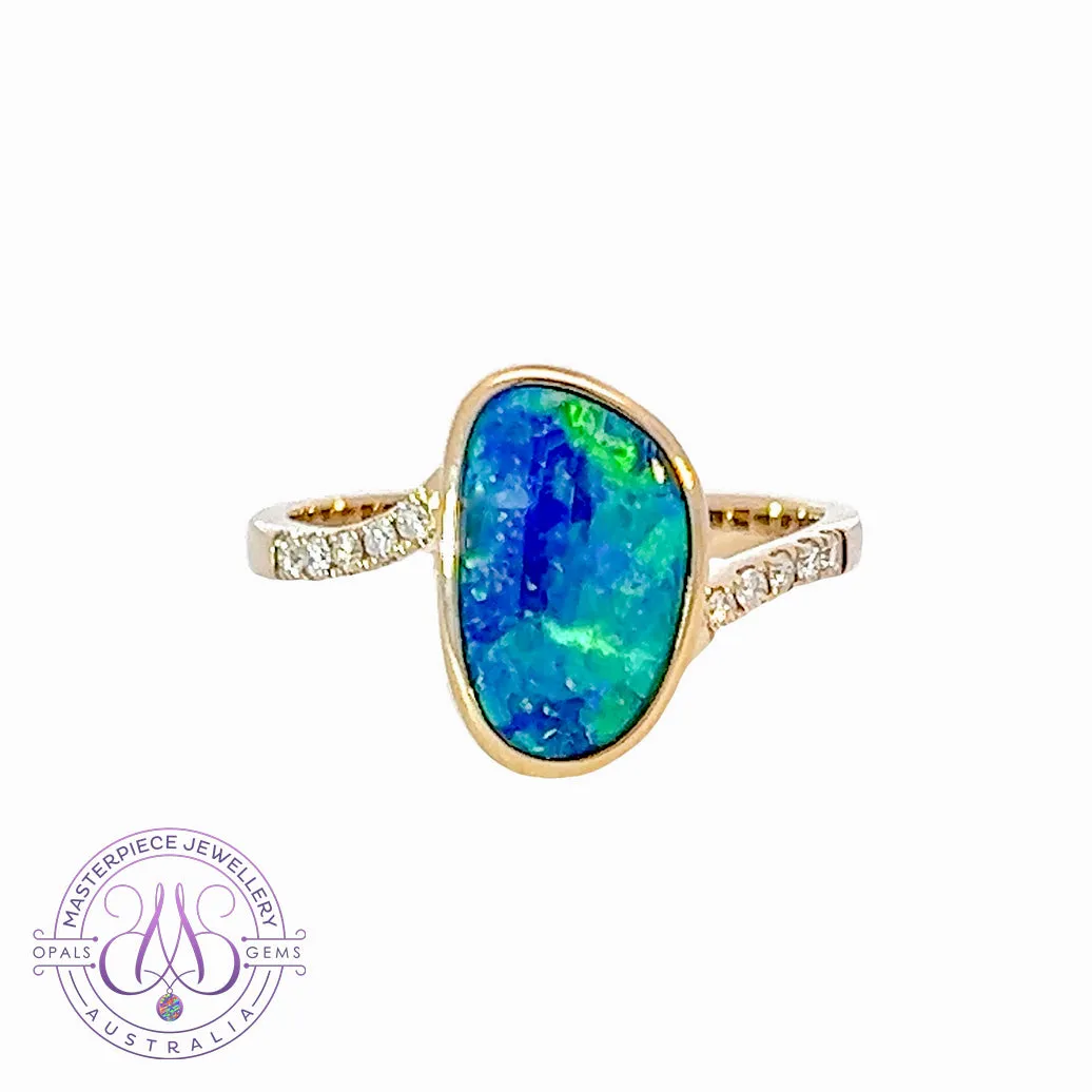 14kt Yellow Gold Opal Blue Green doublet and diamond ring