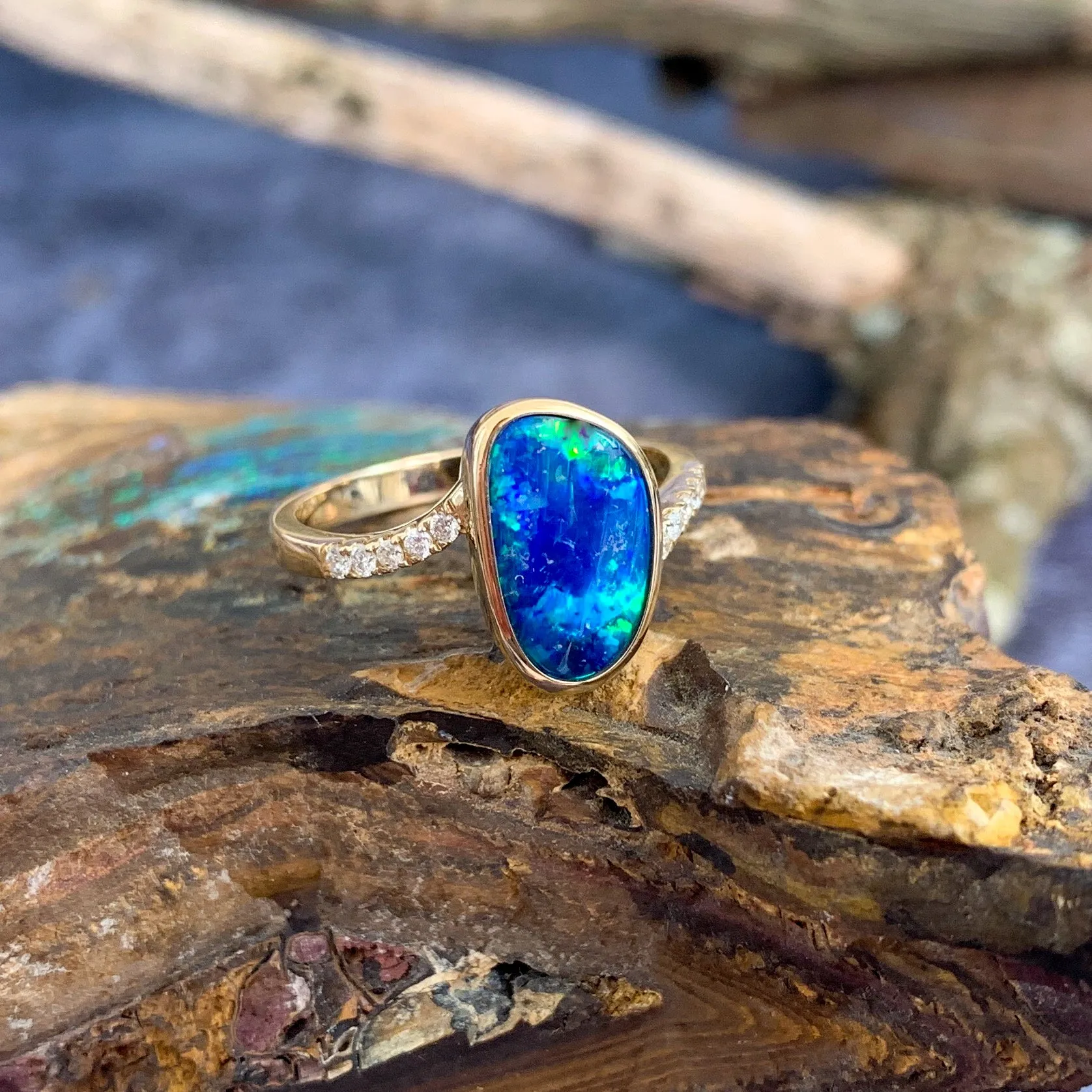 14kt Yellow Gold Opal Blue Green doublet and diamond ring