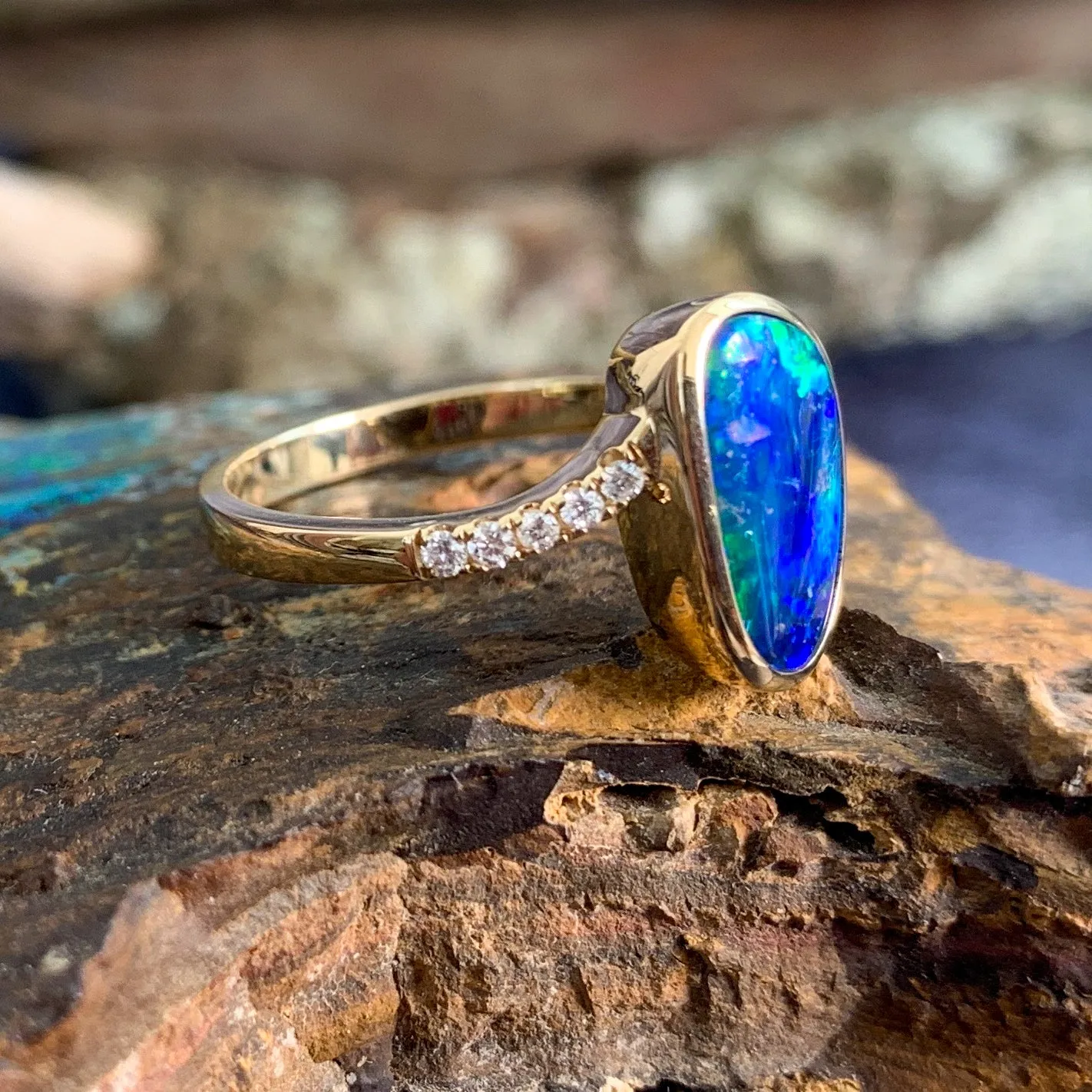 14kt Yellow Gold Opal Blue Green doublet and diamond ring