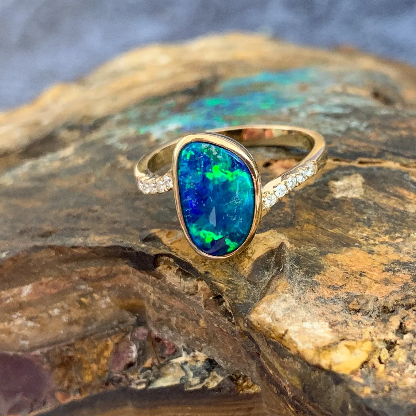 14kt Yellow Gold Opal Blue Green doublet and diamond ring