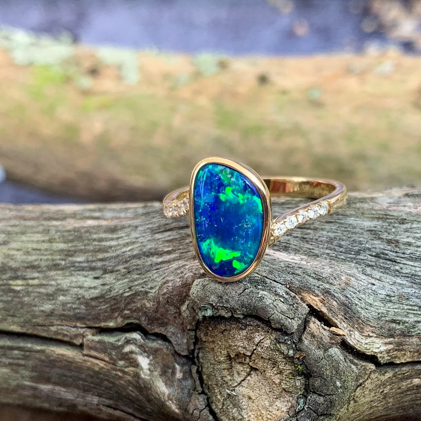 14kt Yellow Gold Opal Blue Green doublet and diamond ring