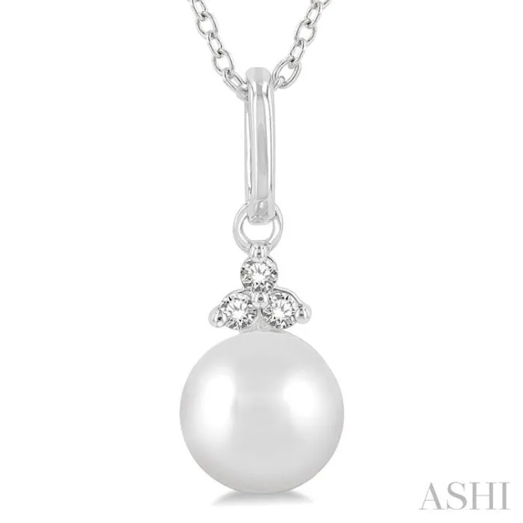 1/50 ctw Petite 6X6 MM Cultured Pearl and Round Cut Diamond Fashion Pendant With Chain in 10K White Gold