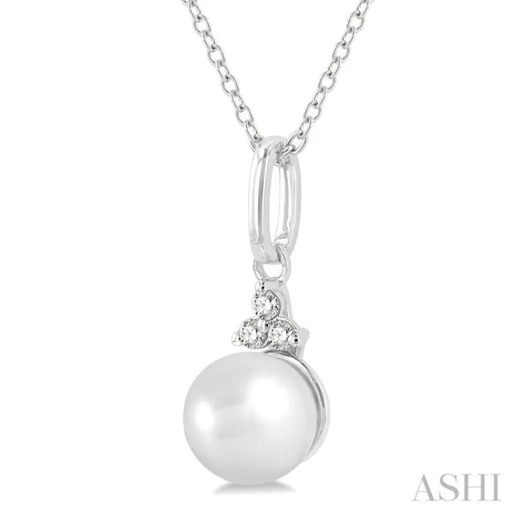 1/50 ctw Petite 6X6 MM Cultured Pearl and Round Cut Diamond Fashion Pendant With Chain in 10K White Gold