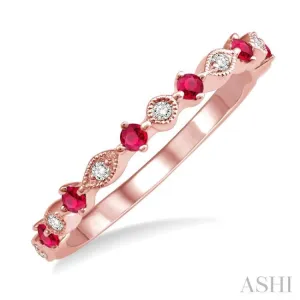 1.80 MM Round Cut Ruby and 1/20 Ctw Round Cut Diamond Half Eternity Wedding Band in 14K Rose Gold