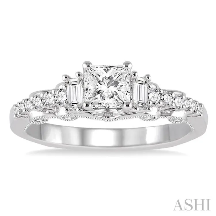 3/4 Ctw Diamond Engagement Ring with 3/8 Ct Princess Cut Center Stone in 14K White Gold