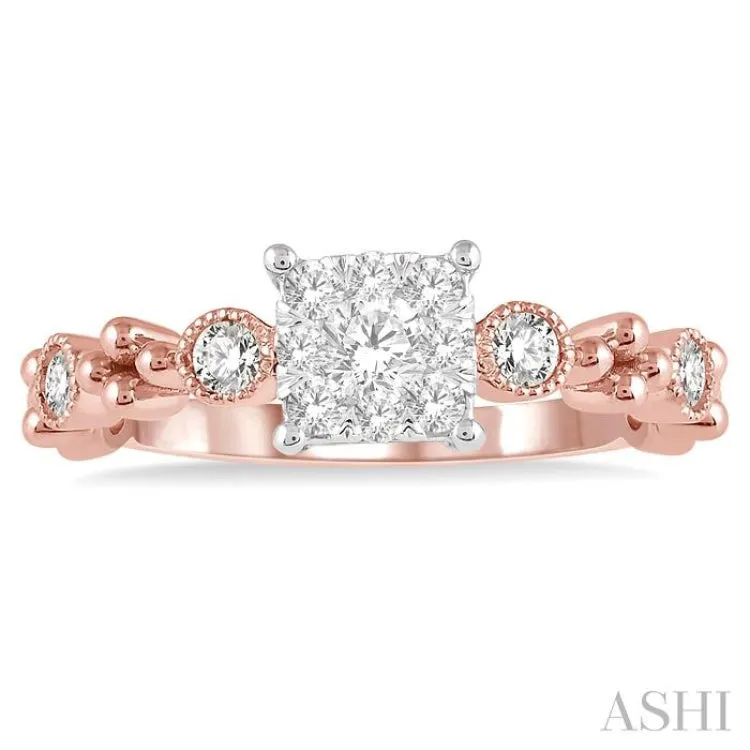 3/8 Ctw Princess Cut Shape Accentuated Shank Lovebright Diamond Cluster Ring in 14K Rose and White Gold