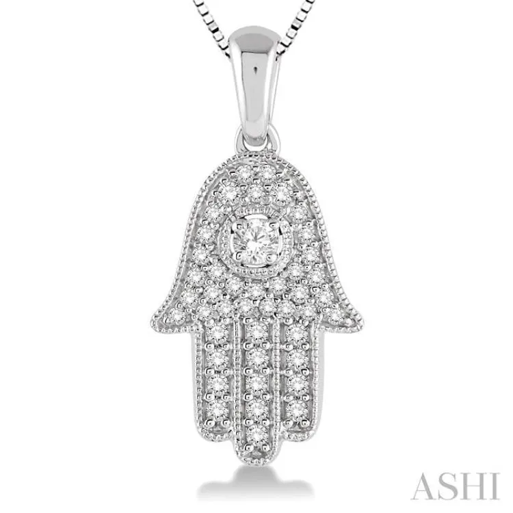 3/8 Ctw Round Cut Diamond Hamsa Pendant in 14K White Gold with Chain