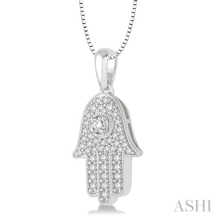 3/8 Ctw Round Cut Diamond Hamsa Pendant in 14K White Gold with Chain