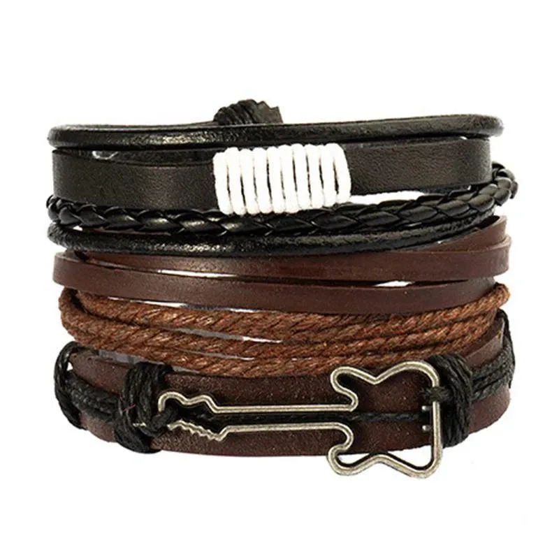 4Pcs/Set Braided Wrap Leather Bracelets for Men - Vintage Life Tree Rudder Charm, Wood Beads Ethnic Tribal Wristbands