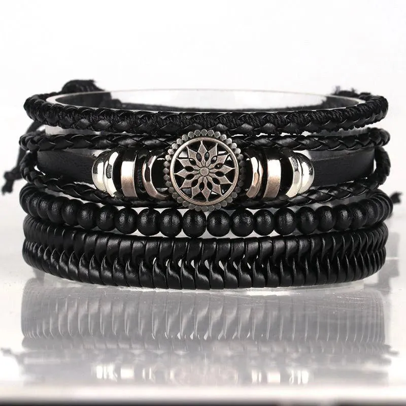 4Pcs/Set Braided Wrap Leather Bracelets for Men - Vintage Life Tree Rudder Charm, Wood Beads Ethnic Tribal Wristbands