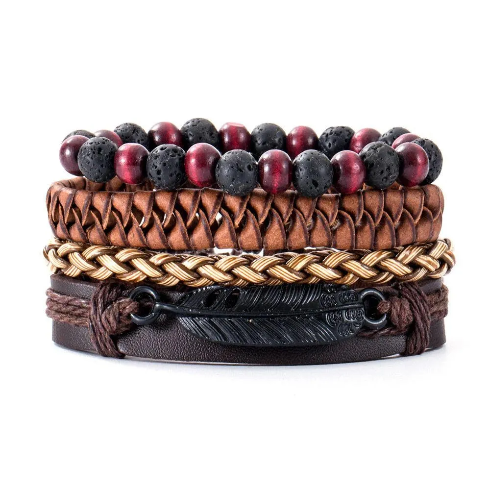 4Pcs/Set Braided Wrap Leather Bracelets for Men - Vintage Life Tree Rudder Charm, Wood Beads Ethnic Tribal Wristbands