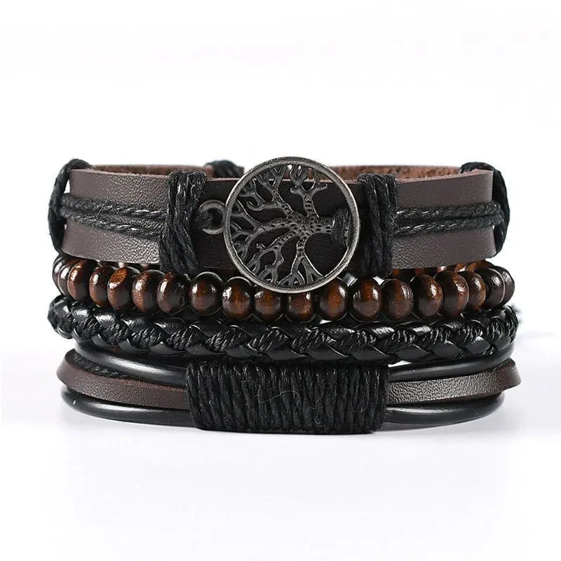 4Pcs/Set Braided Wrap Leather Bracelets for Men - Vintage Life Tree Rudder Charm, Wood Beads Ethnic Tribal Wristbands