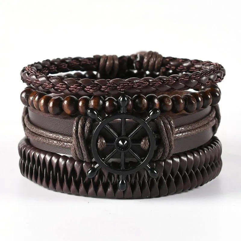 4Pcs/Set Braided Wrap Leather Bracelets for Men - Vintage Life Tree Rudder Charm, Wood Beads Ethnic Tribal Wristbands