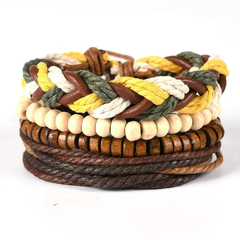 4Pcs/Set Braided Wrap Leather Bracelets for Men - Vintage Life Tree Rudder Charm, Wood Beads Ethnic Tribal Wristbands