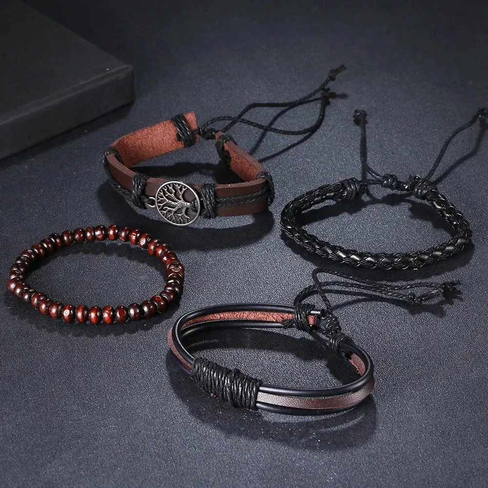 4Pcs/Set Braided Wrap Leather Bracelets for Men - Vintage Life Tree Rudder Charm, Wood Beads Ethnic Tribal Wristbands