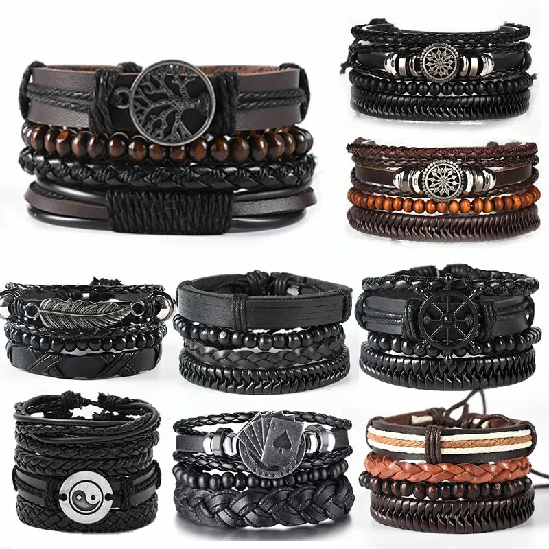 4Pcs/Set Braided Wrap Leather Bracelets for Men - Vintage Life Tree Rudder Charm, Wood Beads Ethnic Tribal Wristbands