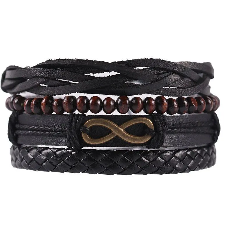 4Pcs/Set Braided Wrap Leather Bracelets for Men - Vintage Life Tree Rudder Charm, Wood Beads Ethnic Tribal Wristbands