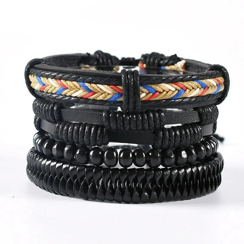 4Pcs/Set Braided Wrap Leather Bracelets for Men - Vintage Life Tree Rudder Charm, Wood Beads Ethnic Tribal Wristbands