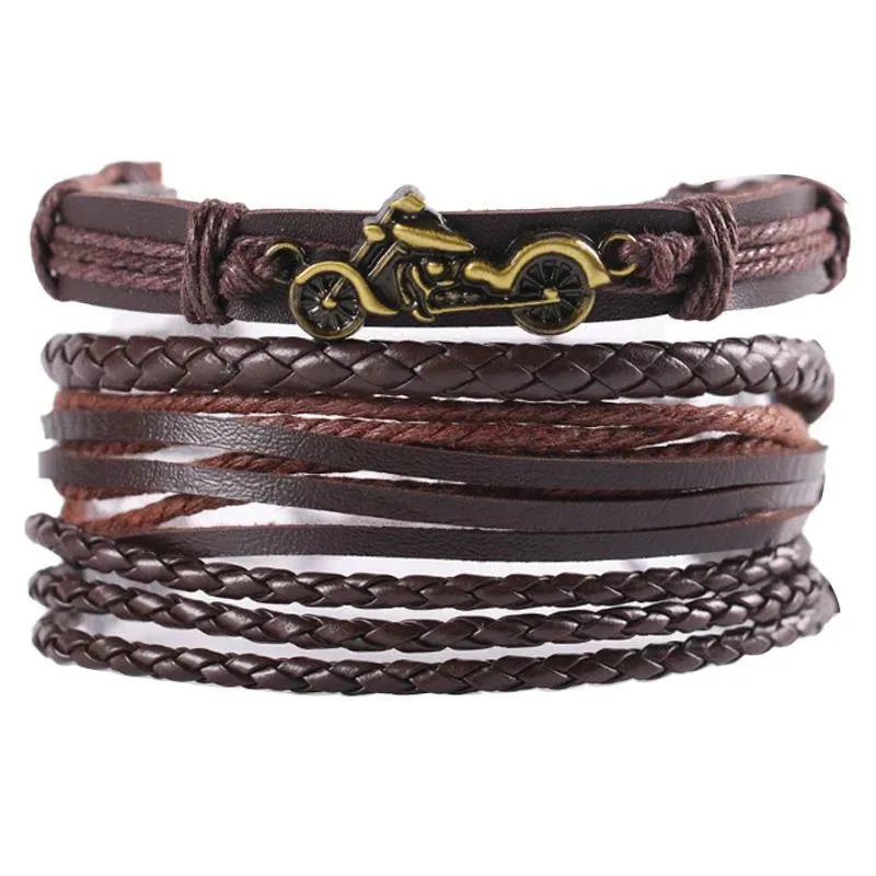 4Pcs/Set Braided Wrap Leather Bracelets for Men - Vintage Life Tree Rudder Charm, Wood Beads Ethnic Tribal Wristbands