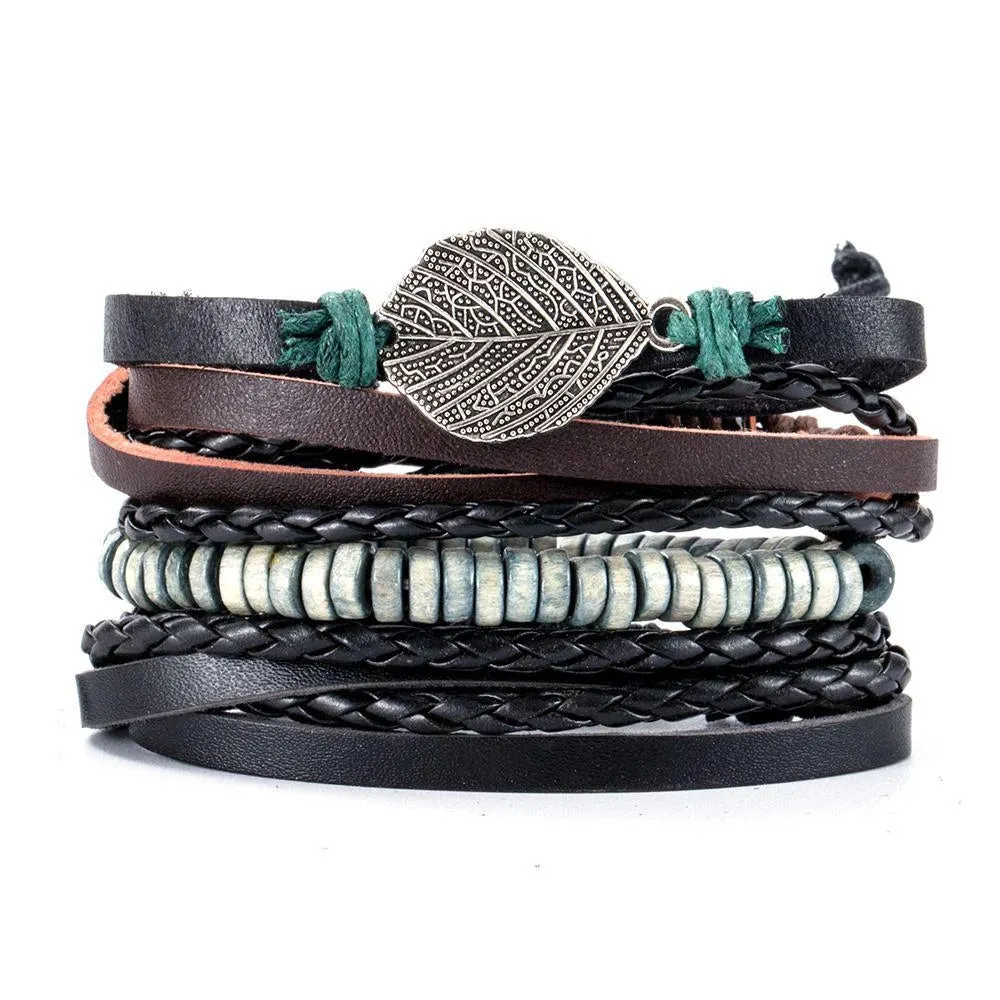 4Pcs/Set Braided Wrap Leather Bracelets for Men - Vintage Life Tree Rudder Charm, Wood Beads Ethnic Tribal Wristbands