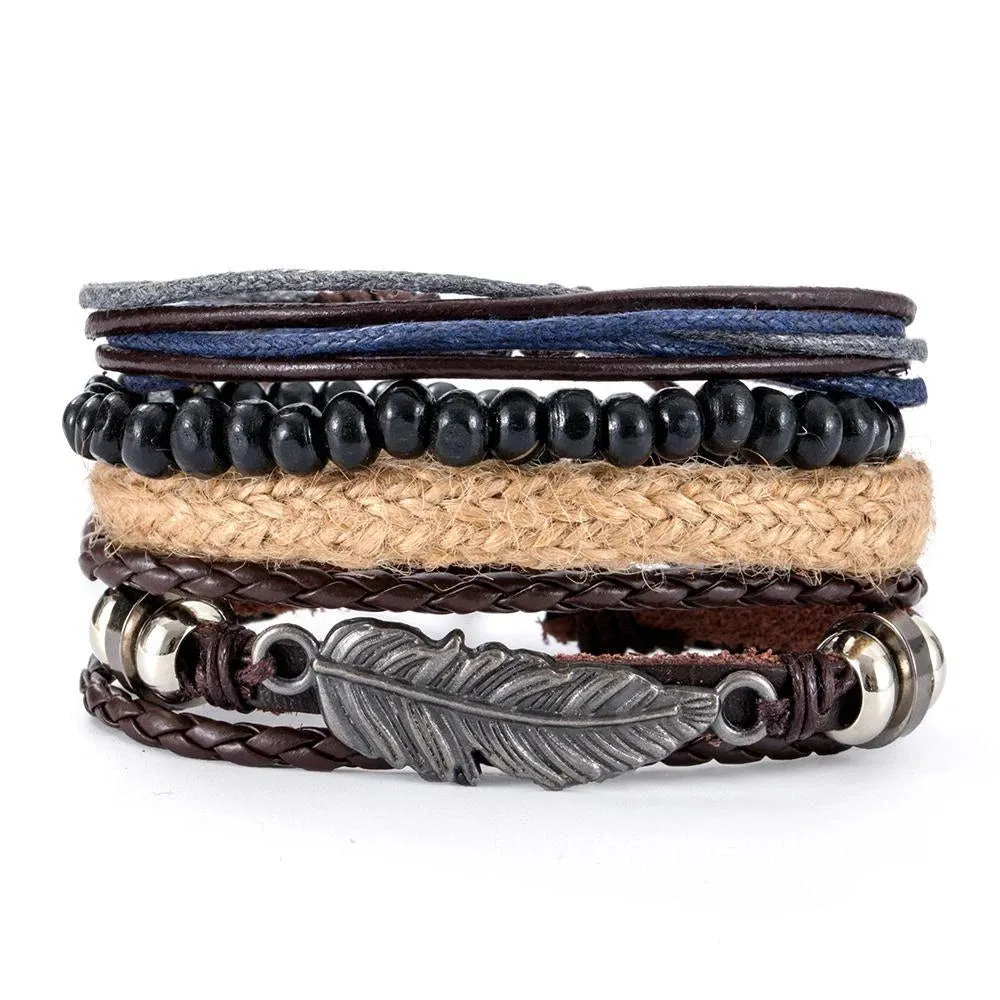 4Pcs/Set Braided Wrap Leather Bracelets for Men - Vintage Life Tree Rudder Charm, Wood Beads Ethnic Tribal Wristbands