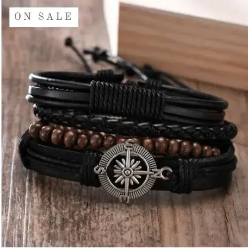 4Pcs/Set Braided Wrap Leather Bracelets for Men - Vintage Life Tree Rudder Charm, Wood Beads Ethnic Tribal Wristbands