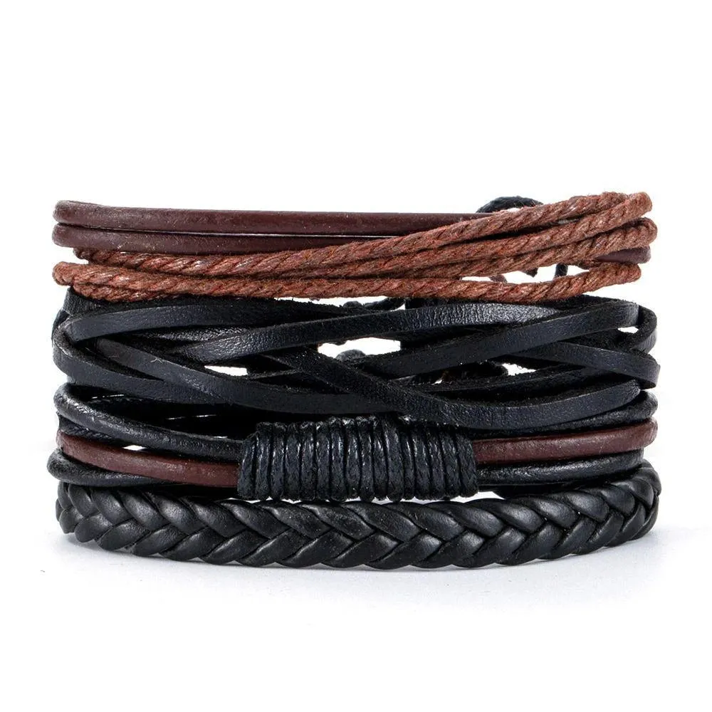 4Pcs/Set Braided Wrap Leather Bracelets for Men - Vintage Life Tree Rudder Charm, Wood Beads Ethnic Tribal Wristbands