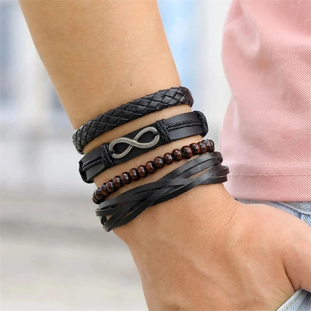 4Pcs/Set Braided Wrap Leather Bracelets for Men - Vintage Life Tree Rudder Charm, Wood Beads Ethnic Tribal Wristbands