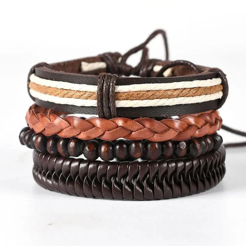 4Pcs/Set Braided Wrap Leather Bracelets for Men - Vintage Life Tree Rudder Charm, Wood Beads Ethnic Tribal Wristbands