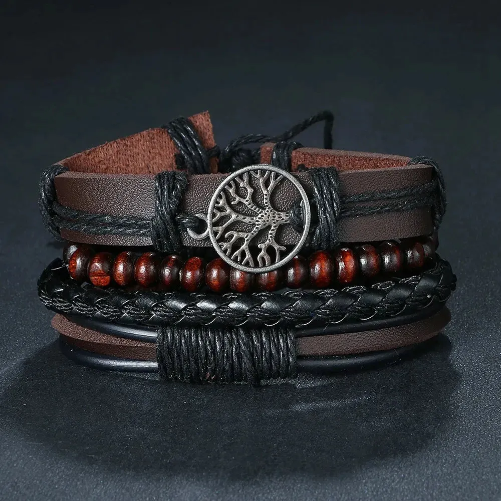 4Pcs/Set Braided Wrap Leather Bracelets for Men - Vintage Life Tree Rudder Charm, Wood Beads Ethnic Tribal Wristbands