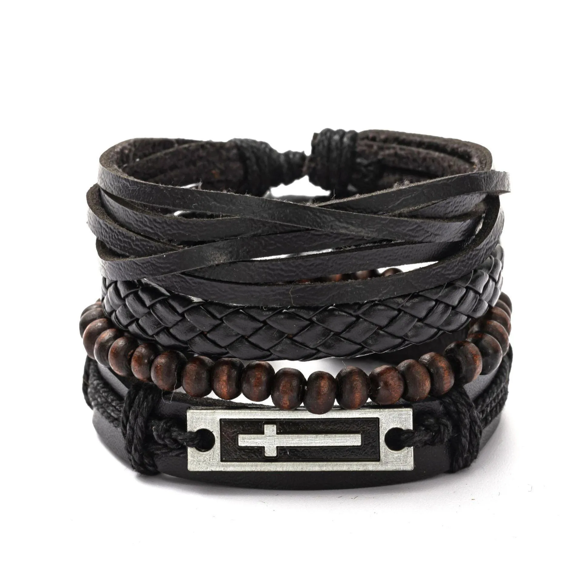 4Pcs/Set Braided Wrap Leather Bracelets for Men - Vintage Life Tree Rudder Charm, Wood Beads Ethnic Tribal Wristbands