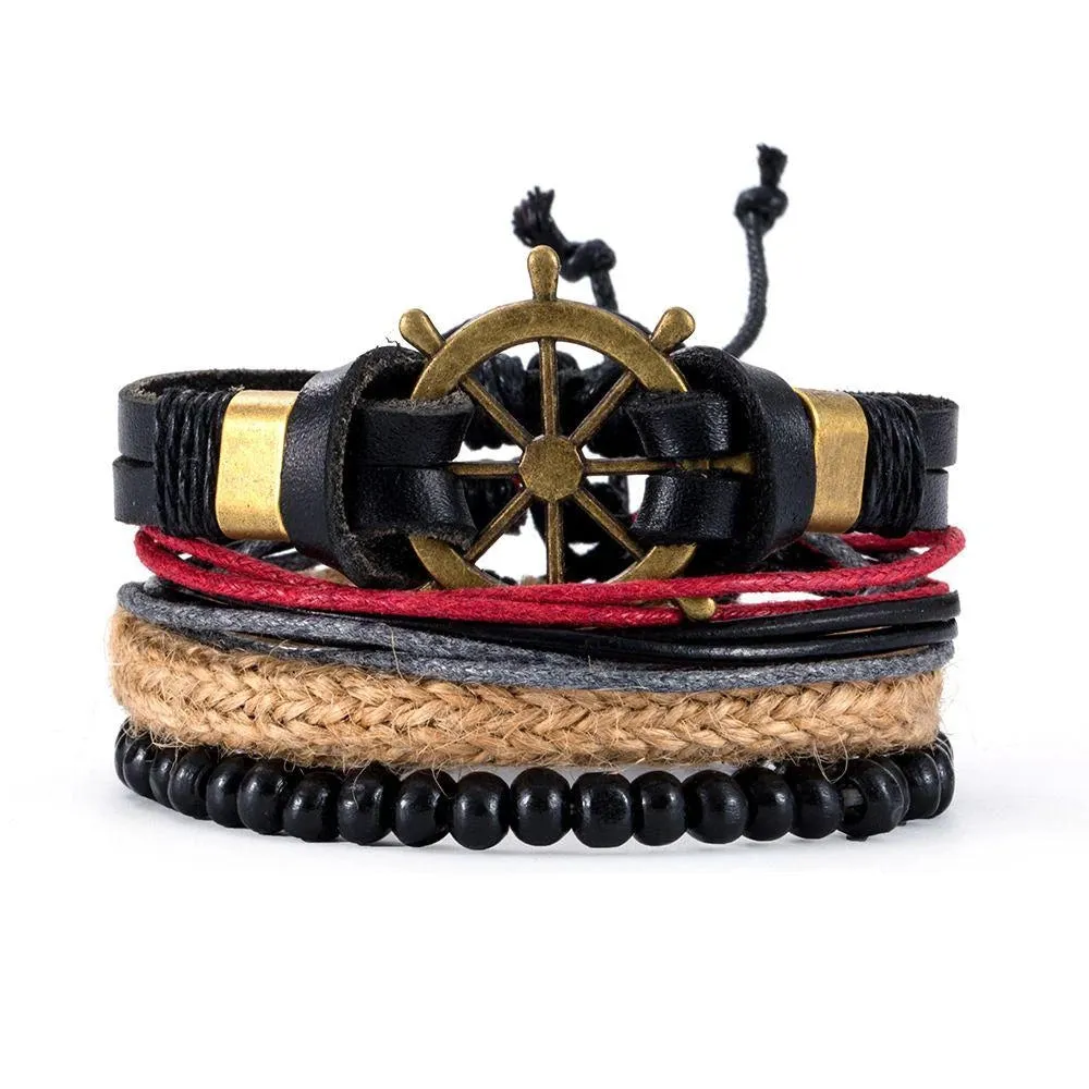 4Pcs/Set Braided Wrap Leather Bracelets for Men - Vintage Life Tree Rudder Charm, Wood Beads Ethnic Tribal Wristbands