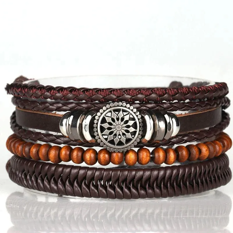 4Pcs/Set Braided Wrap Leather Bracelets for Men - Vintage Life Tree Rudder Charm, Wood Beads Ethnic Tribal Wristbands