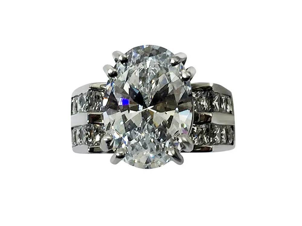 6 Carat Oval 14 by 10 mm High Quality Cubic Zirconia Platinum Engagement Ring